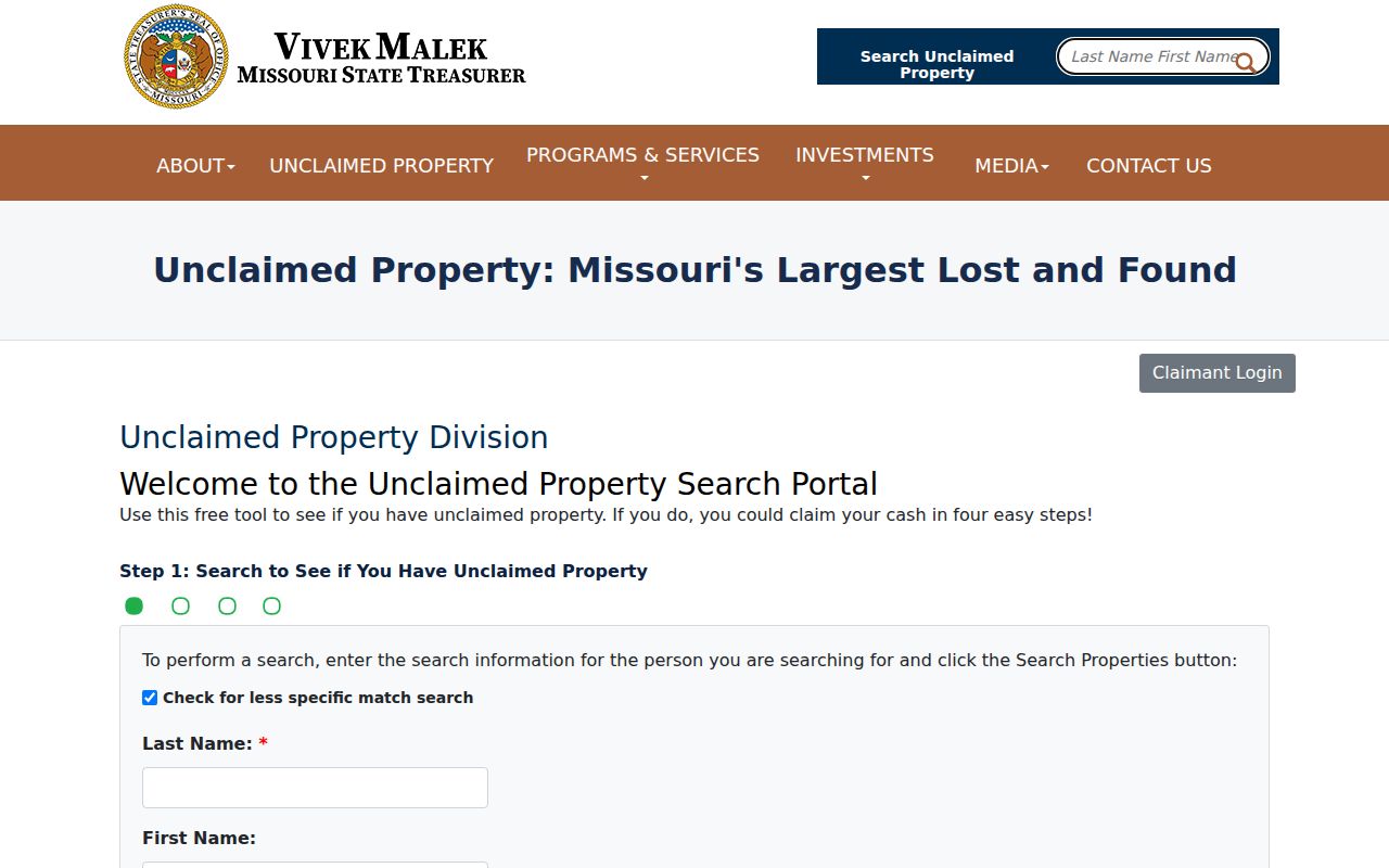 Missouri unclaimed property name search interface