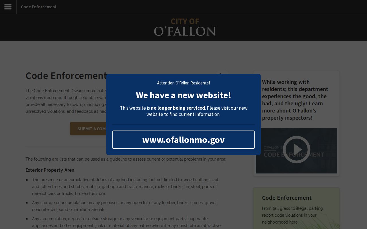 O'Fallon neighbors reference showing the city's Code Enforcement information page