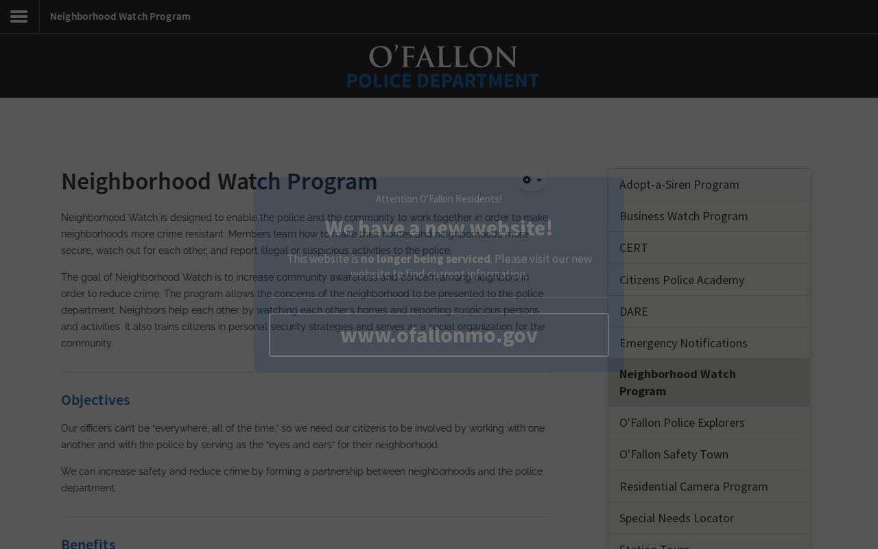 O'Fallon neighbors resource showing the city Neighborhood Watch registration information